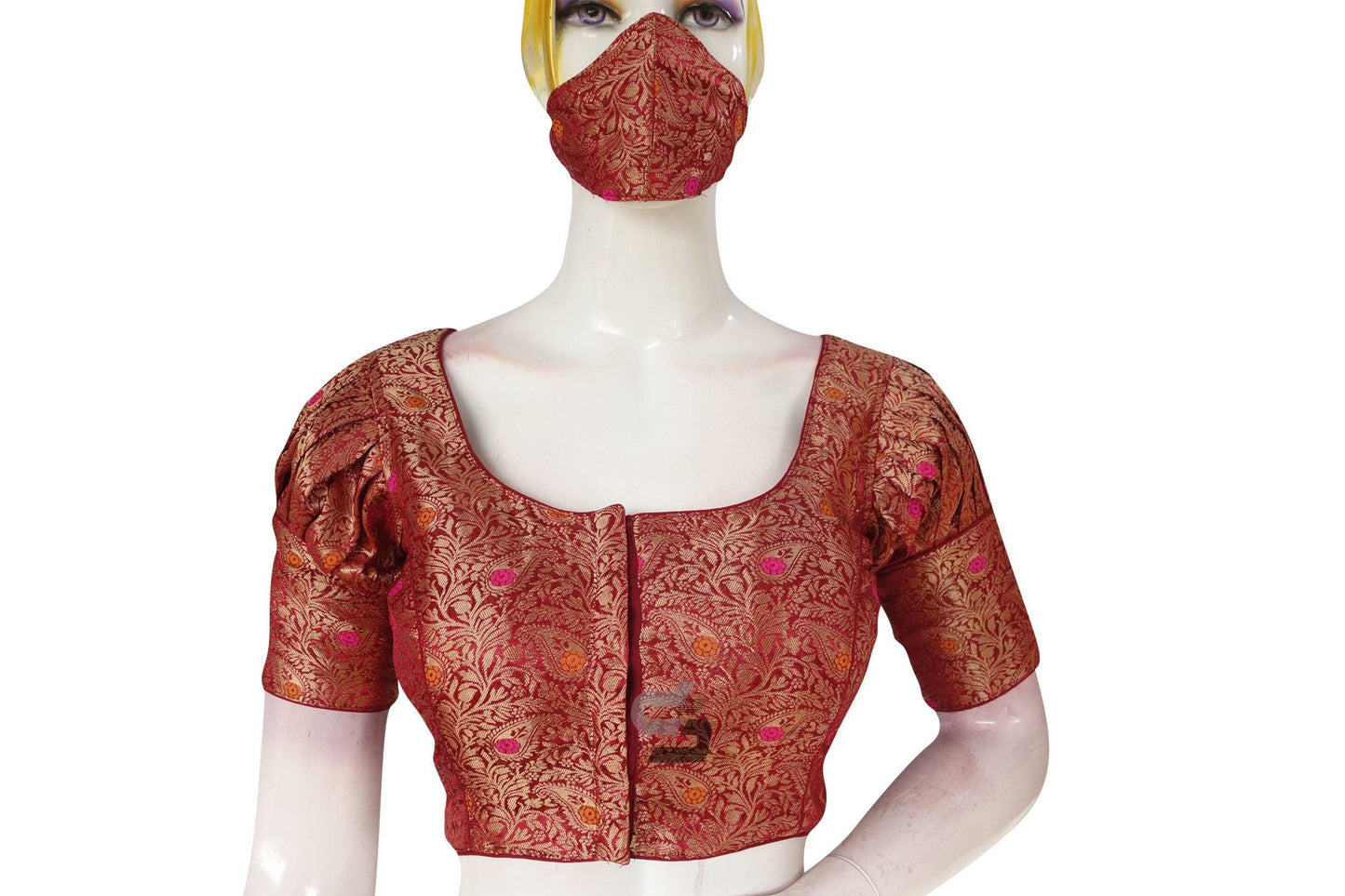 Maroon Color Brocade Puff Sleeves Readymade Saree Blouse With Matching Mask - D3blouses