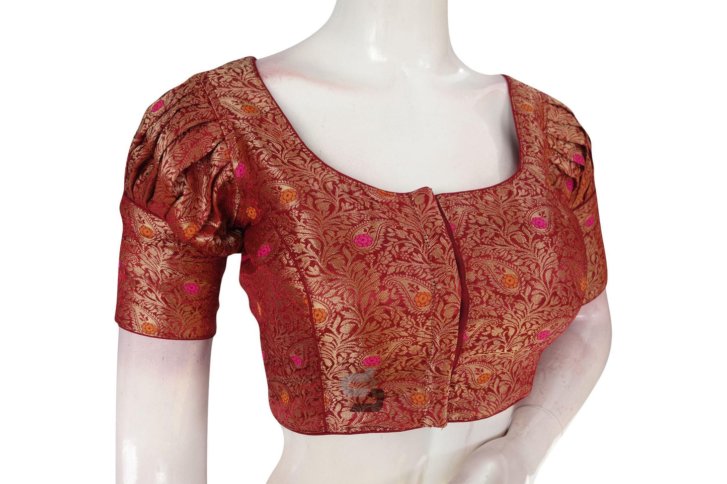 Maroon Color Brocade Puff Sleeves Readymade Saree Blouse With Matching Mask - D3blouses