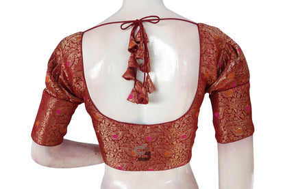 Maroon Color Brocade Puff Sleeves Readymade Saree Blouse With Matching Mask - D3blouses