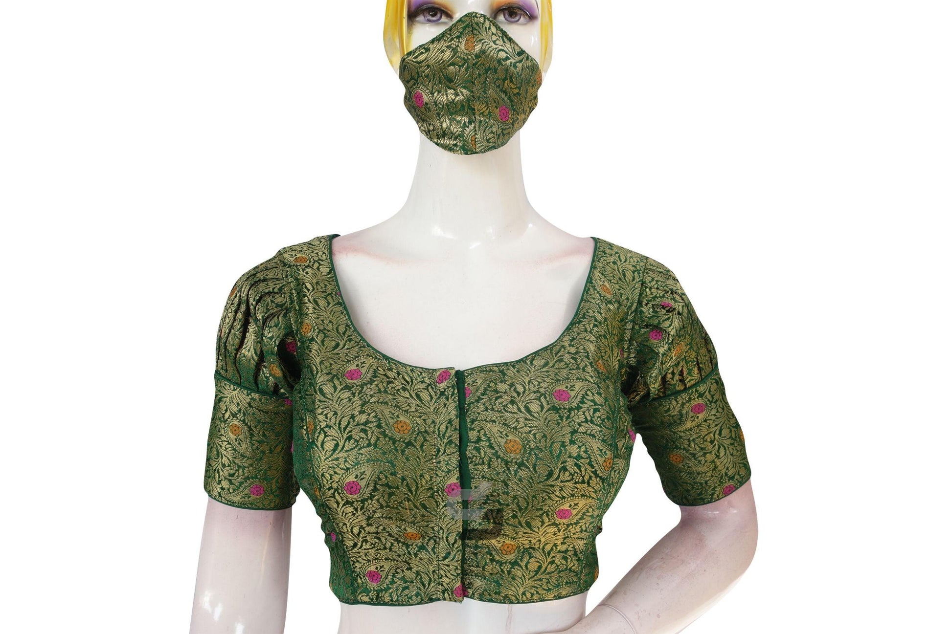 Green Color Brocade Puff Sleeves Readymade Saree Blouse With Matching Mask - D3blouses