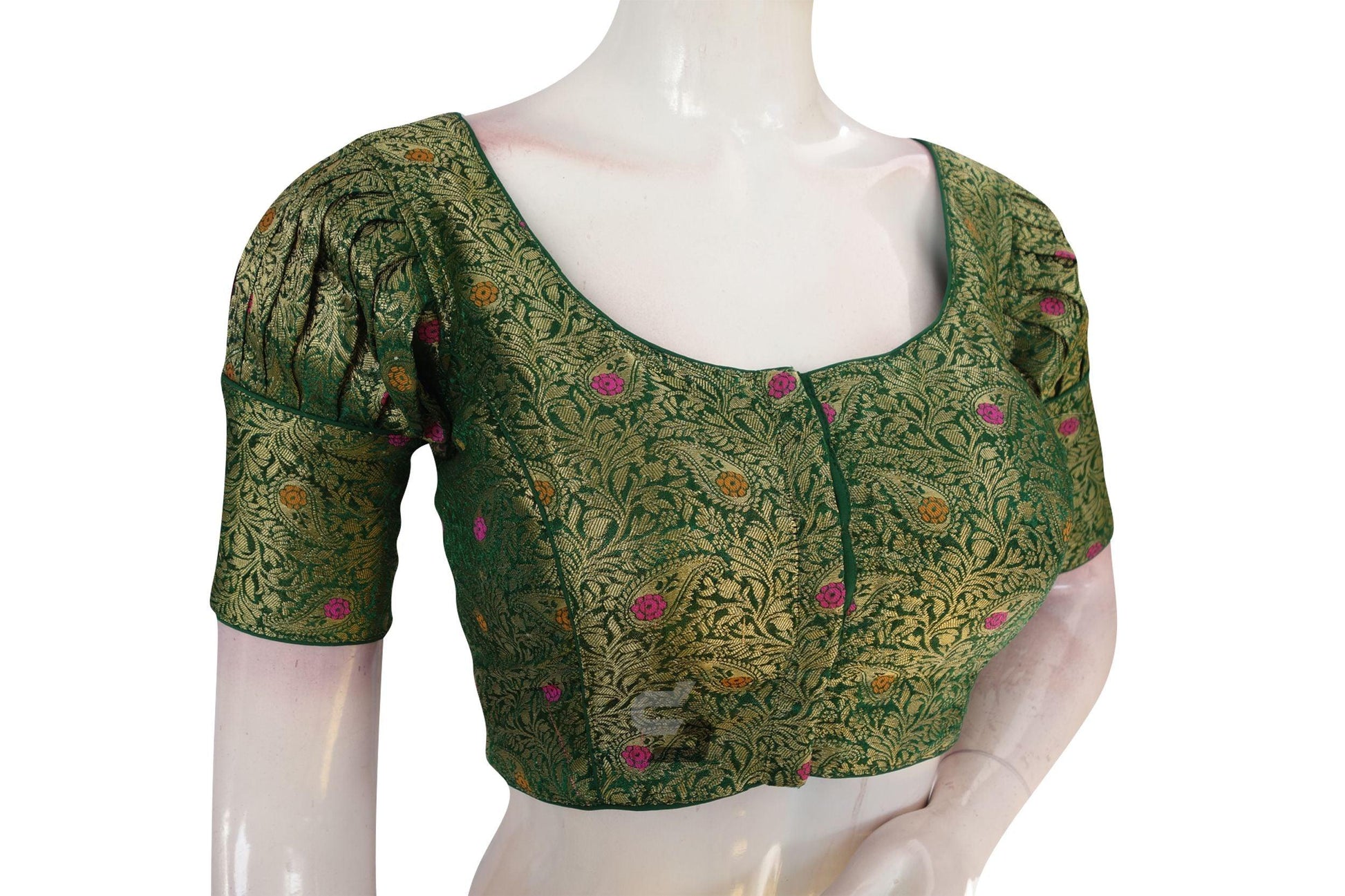 Green Color Brocade Puff Sleeves Readymade Saree Blouse With Matching Mask - D3blouses