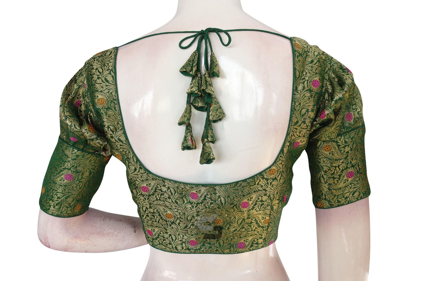 Green Color Brocade Puff Sleeves Readymade Saree Blouse With Matching Mask - D3blouses