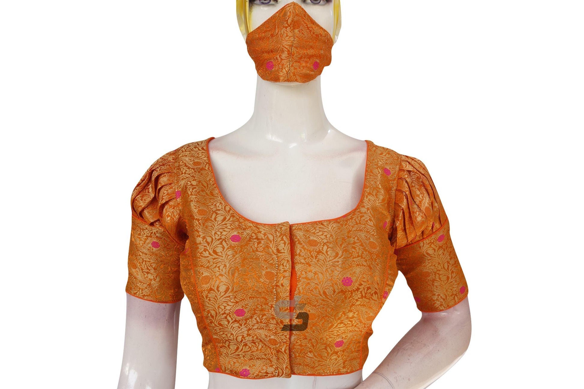 Orange Color Brocade Puff Sleeves Readymade Saree Blouse With Matching Mask - D3blouses