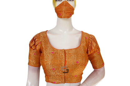 Orange Color Brocade Puff Sleeves Readymade Saree Blouse With Matching Mask - D3blouses