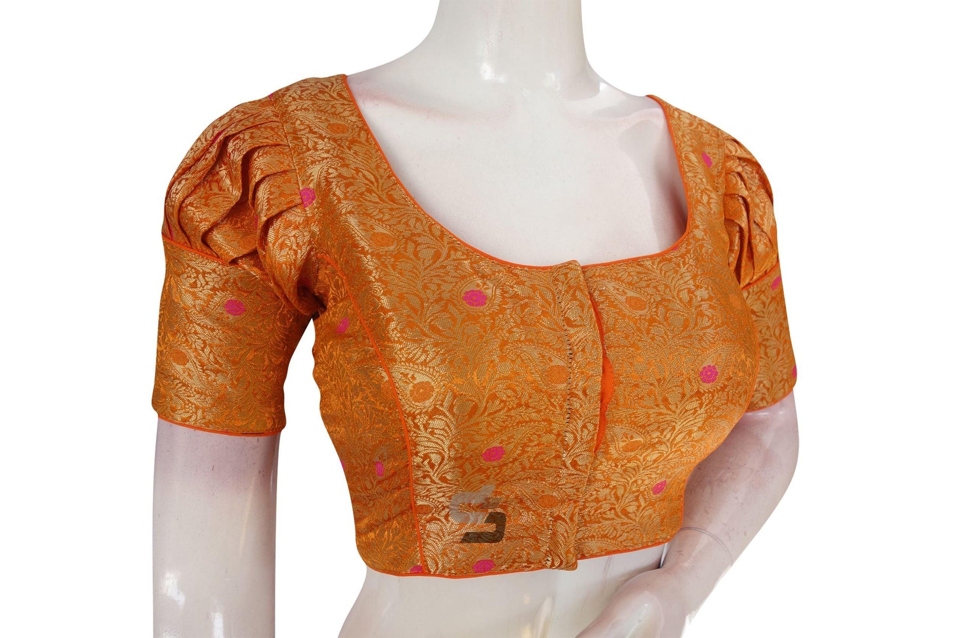 Orange Color Brocade Puff Sleeves Readymade Saree Blouse With Matching Mask - D3blouses