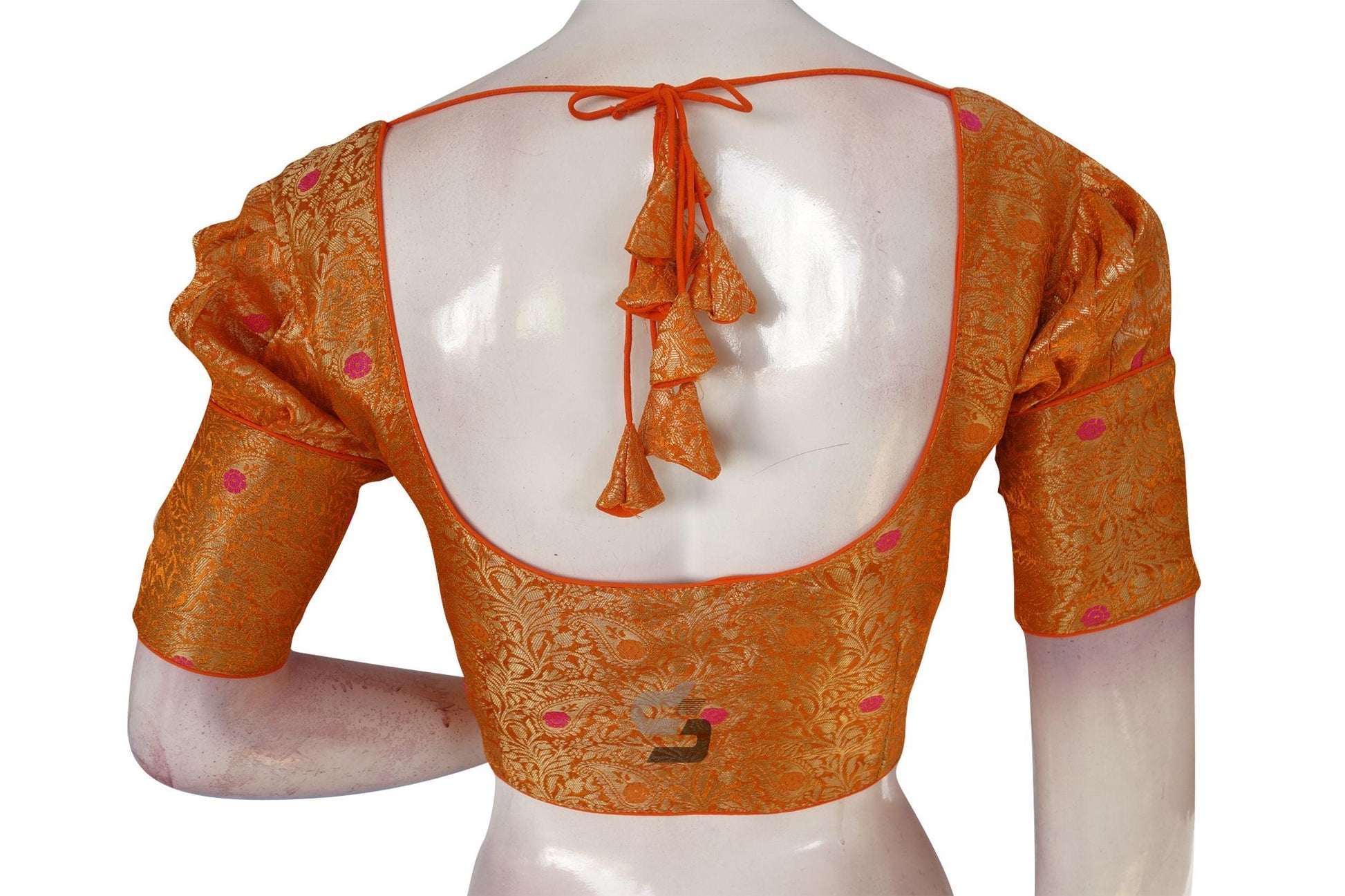 Orange Color Brocade Puff Sleeves Readymade Saree Blouse With Matching Mask - D3blouses