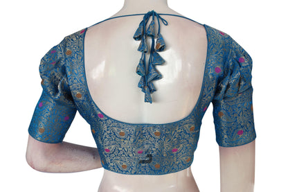Blue Color Brocade Puff Sleeves Readymade Saree Blouse With Matching Mask - D3blouses