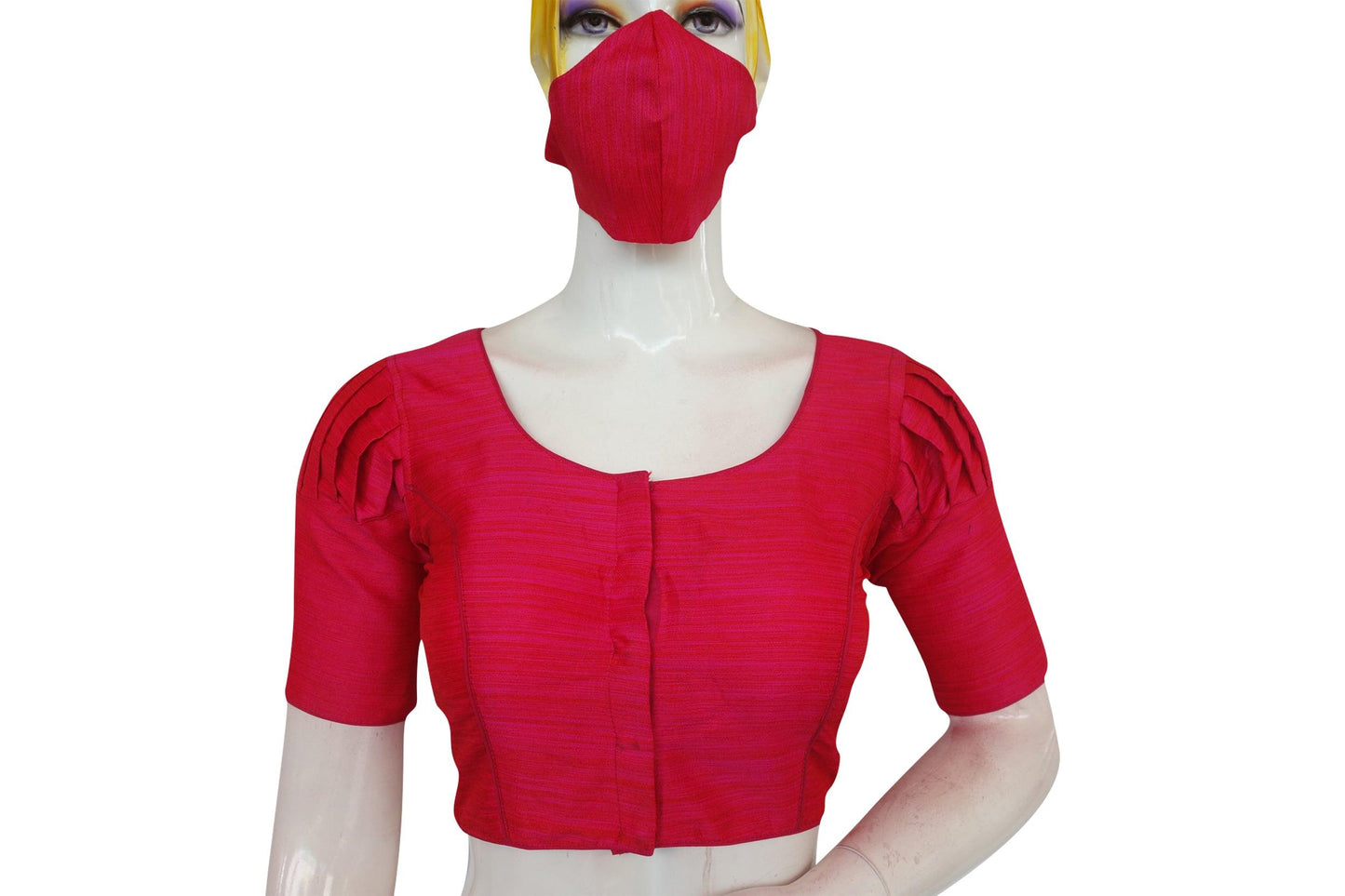 Pink Color Plain Puff Sleeve Readymade Blouse with Face Mask