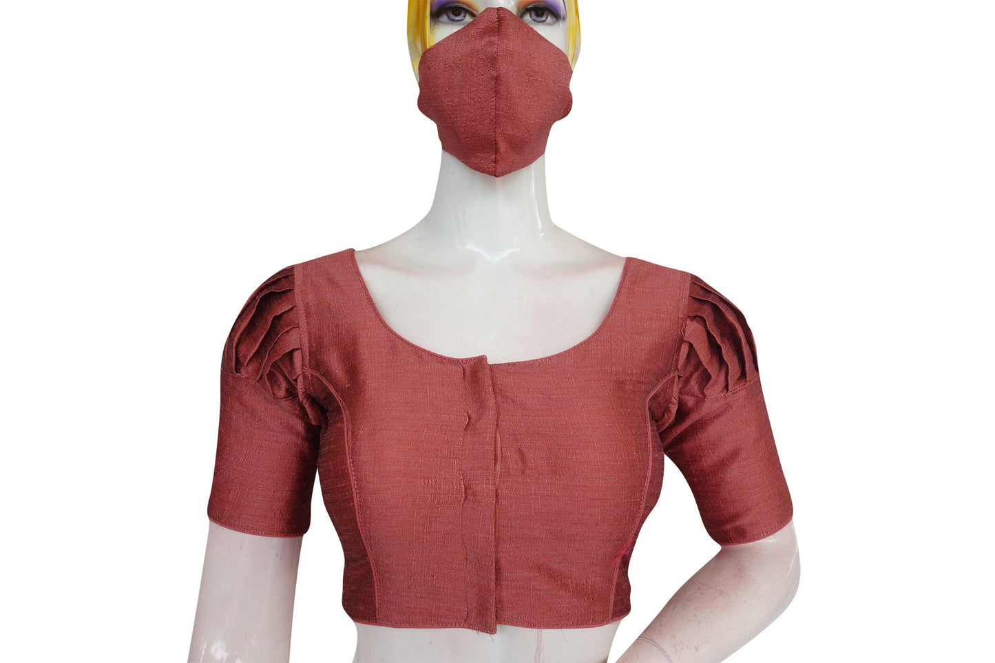 Onion Pink Color Plain Puff Sleeve Readymade Blouse with Face Mask