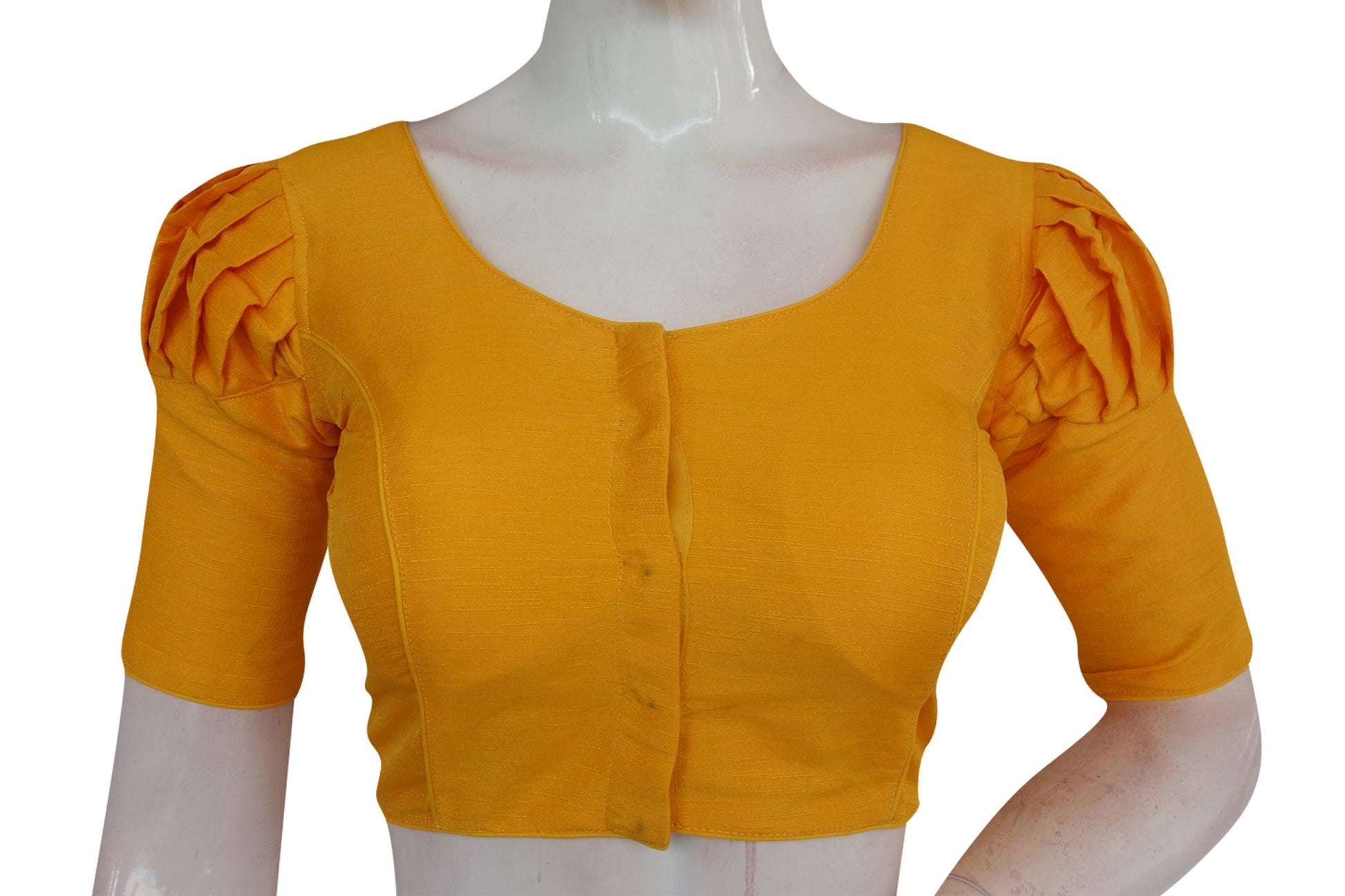 Yellow Color Plain Puff Sleeve Readymade Blouse with Face Mask