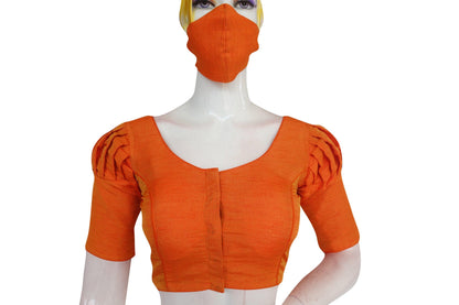 Orange Color Plain Puff Sleeve Readymade Blouse with Face Mask