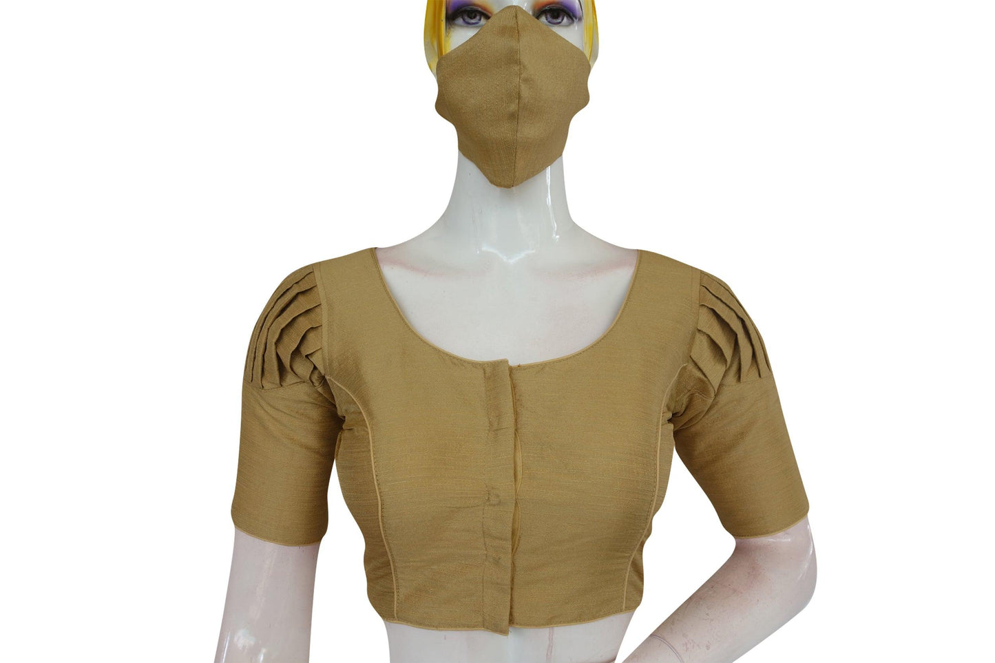 Indulge in timeless sophistication with our Golden Elegance set, showcasing a plain puff sleeve readymade blouse complemented by a matching face mask. Elevate your style with this golden touch of glamour, exuding elegance and grace.