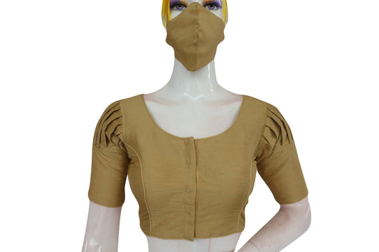 Gold Color Plain Puff Sleeve Readymade Blouse with Face Mask