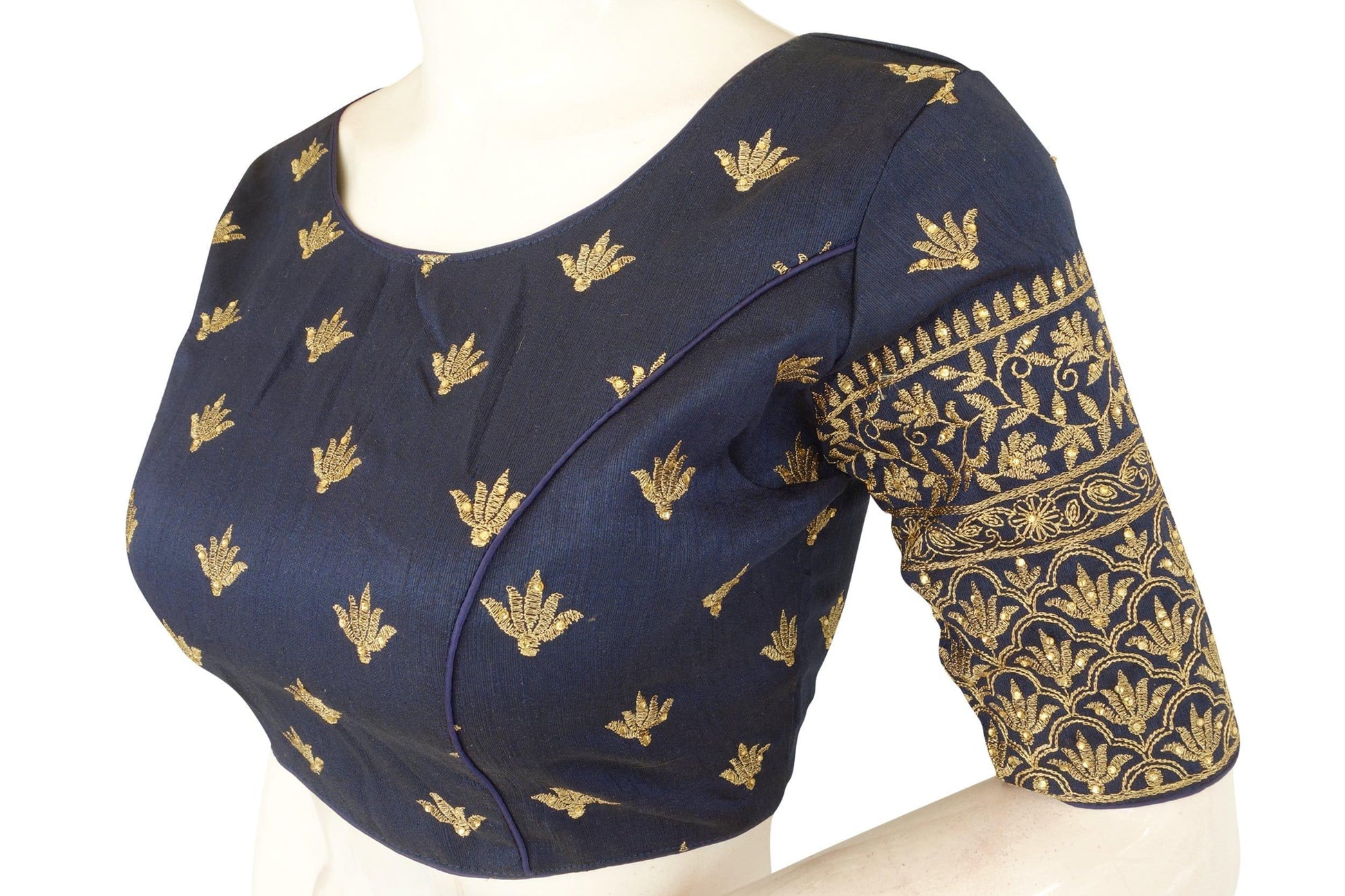 navy blue embroidery boat neck party wear readymade blouse