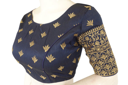 navy blue embroidery boat neck party wear readymade blouse