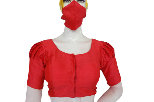 Step into peach perfection with this plain puff sleeve readymade blouse paired with a matching face mask. Effortlessly stylish and coordinated, it adds a touch of elegance to any ensemble.