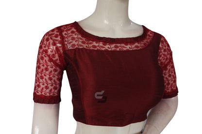 Maroon Color Semi SIlk Fancy Net Sleeves Readymade Saree Blouse - D3blouses