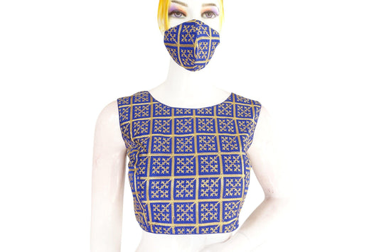blue color banaras brocade silk readymade blouse with matching mask 1