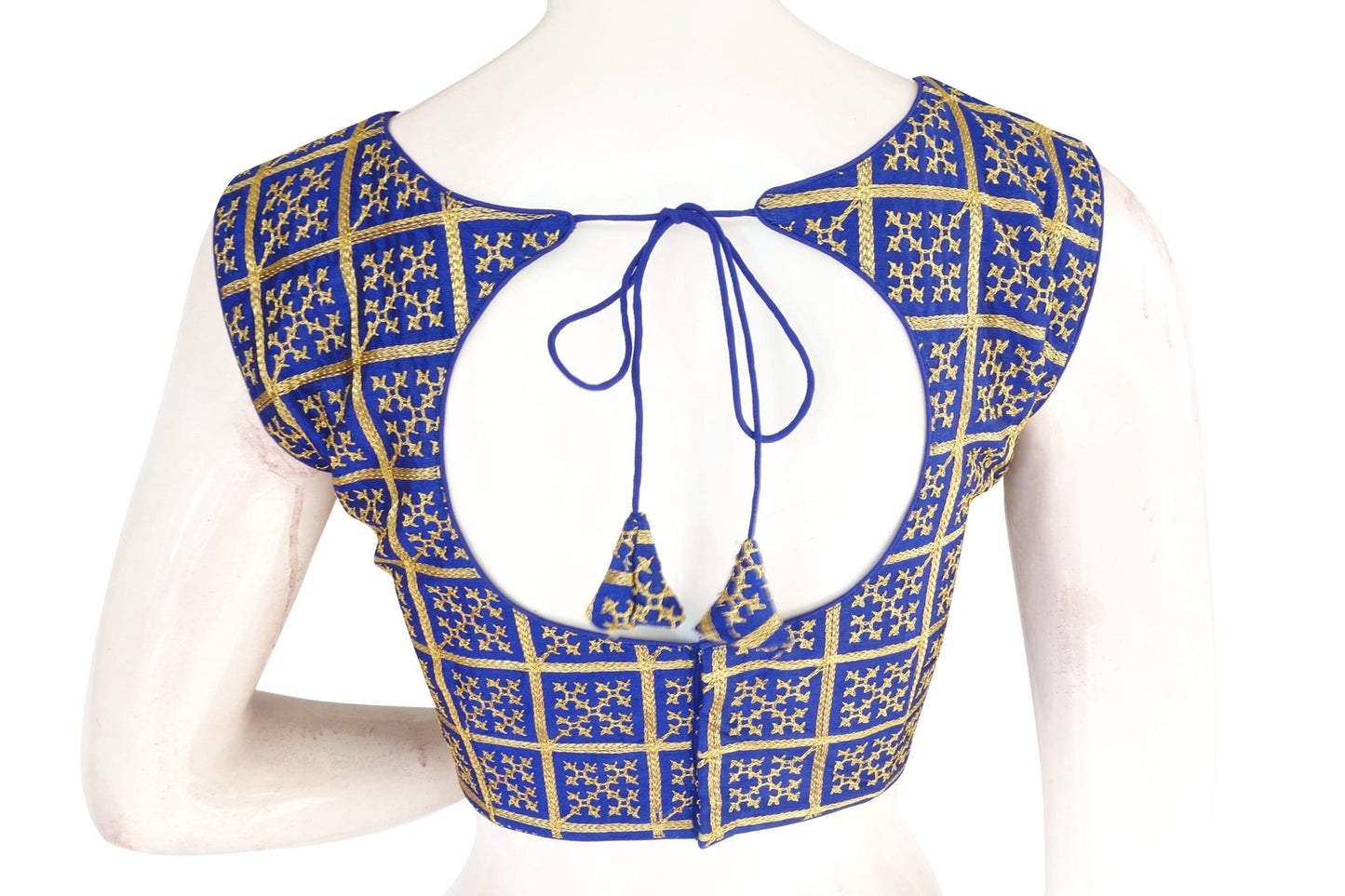 blue color banaras brocade silk readymade blouse with matching mask 1