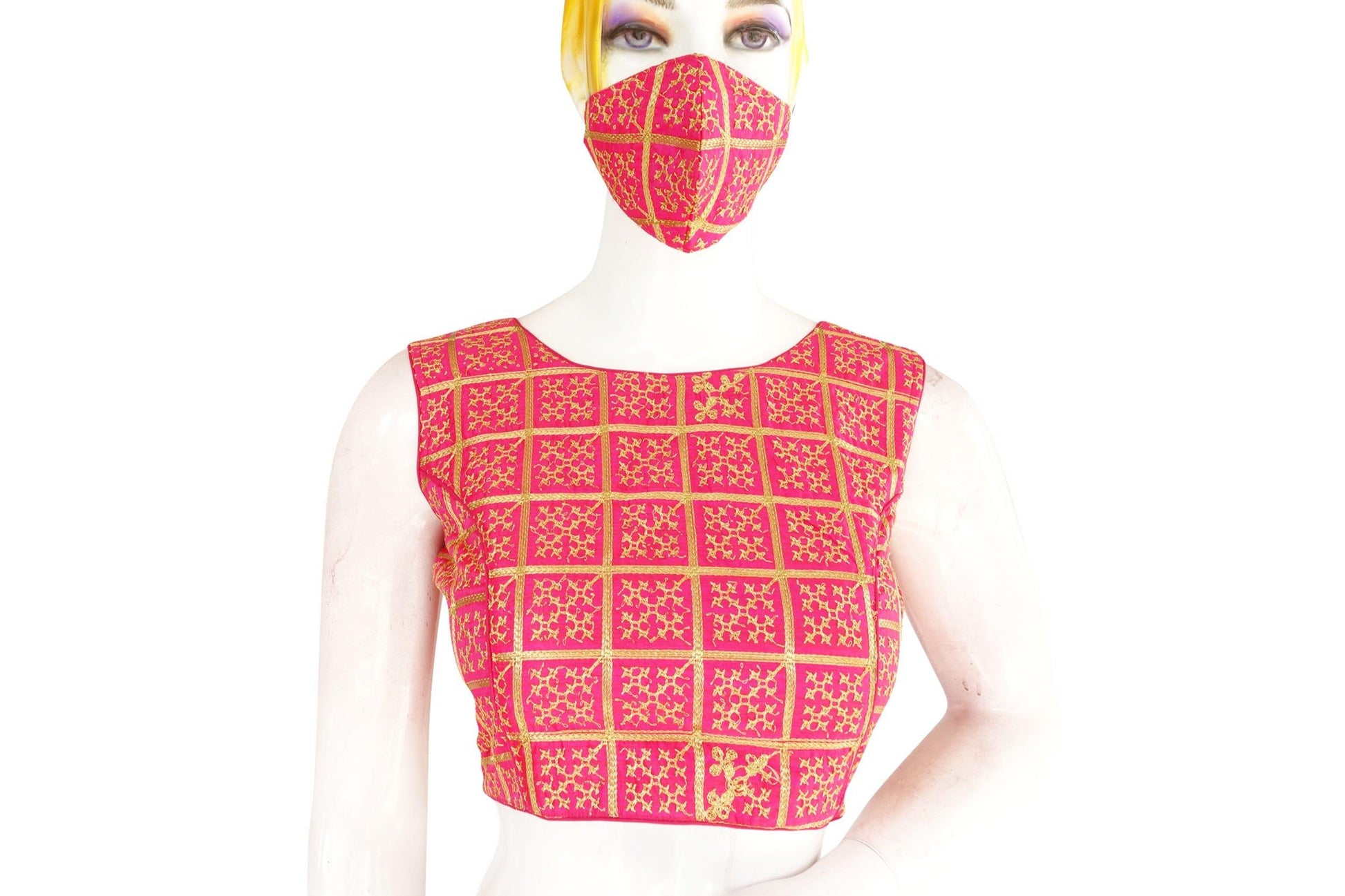 pink color banaras brocade silk readymade blouse with matching mask