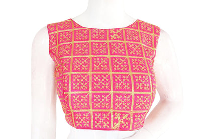 pink color banaras brocade silk readymade blouse with matching mask