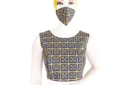 blue color banaras brocade silk readymade blouse with matching mask