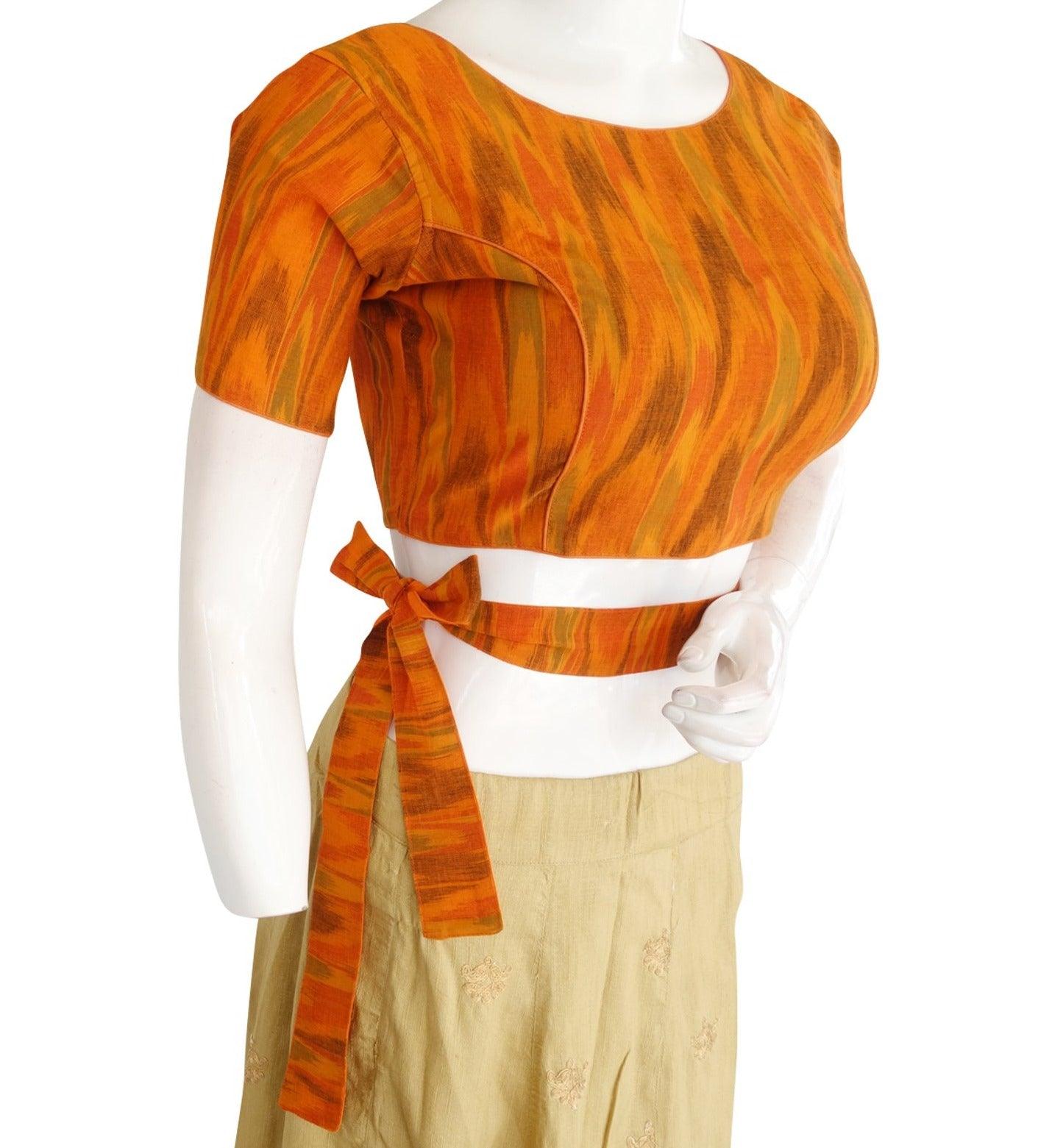 ikkat boat neck readymade saree blouse with belt and matching mask 5