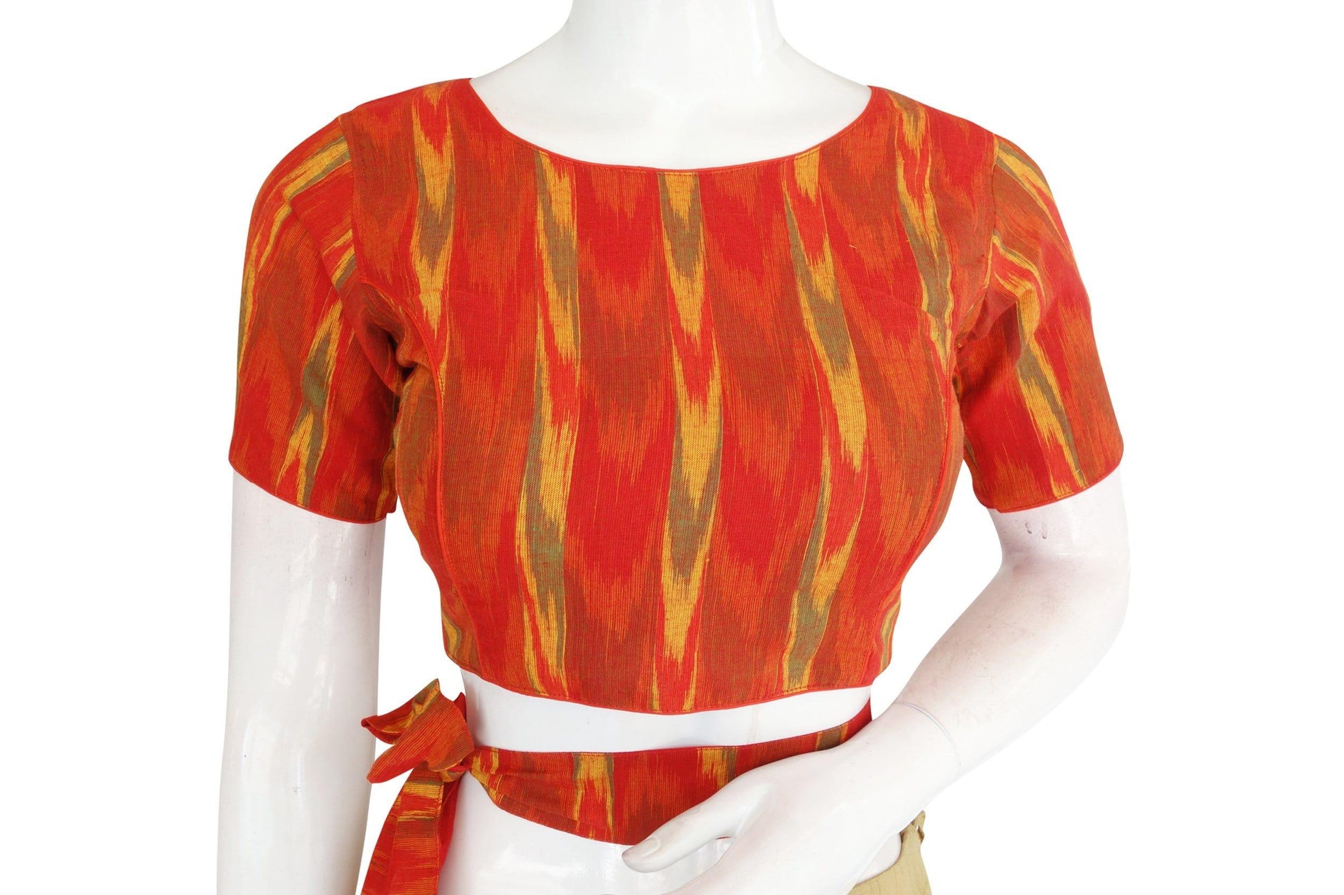 ikkat boat neck readymade saree blouse with belt and matching mask 4