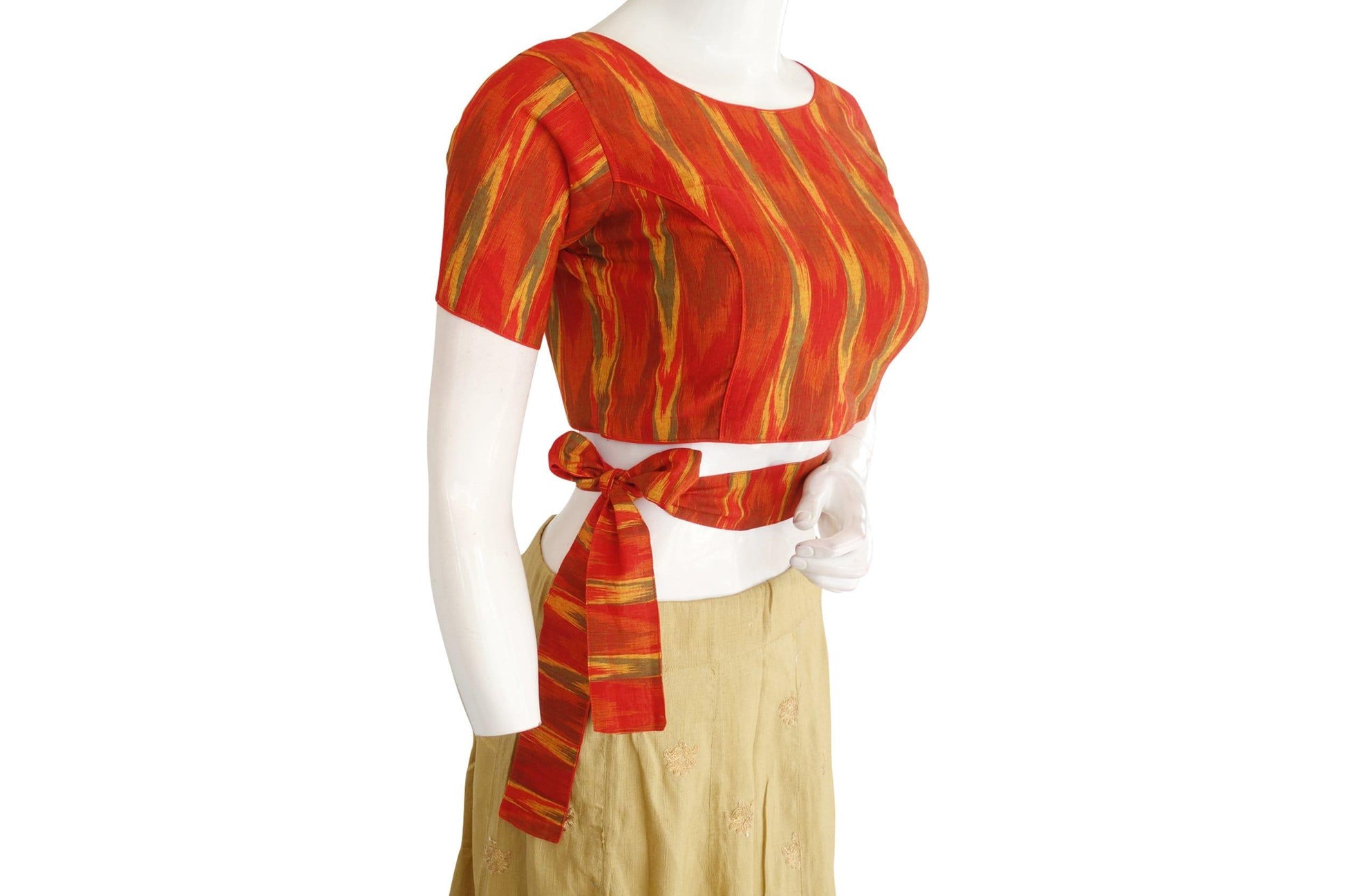 ikkat boat neck readymade saree blouse with belt and matching mask 4