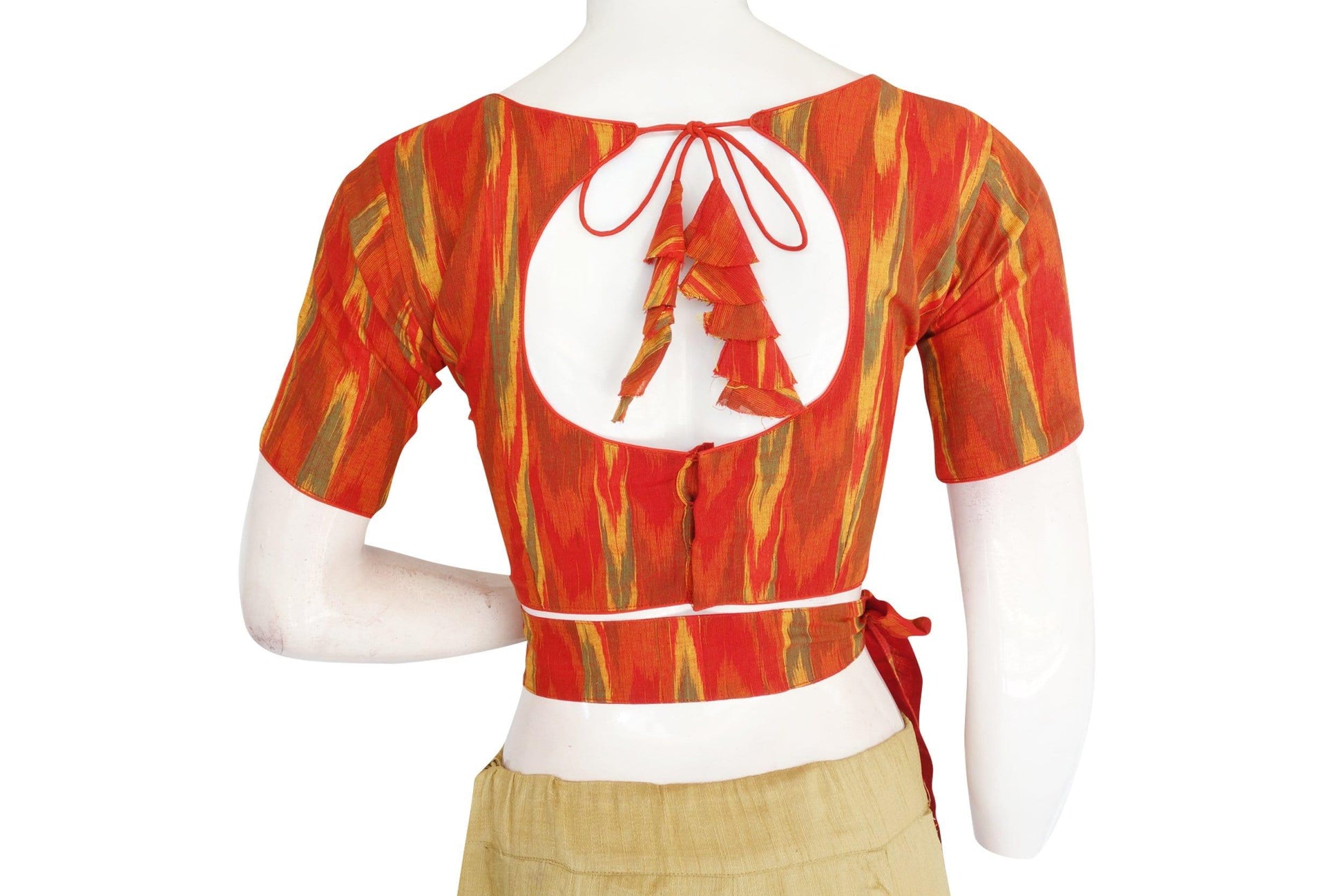 ikkat boat neck readymade saree blouse with belt and matching mask 4