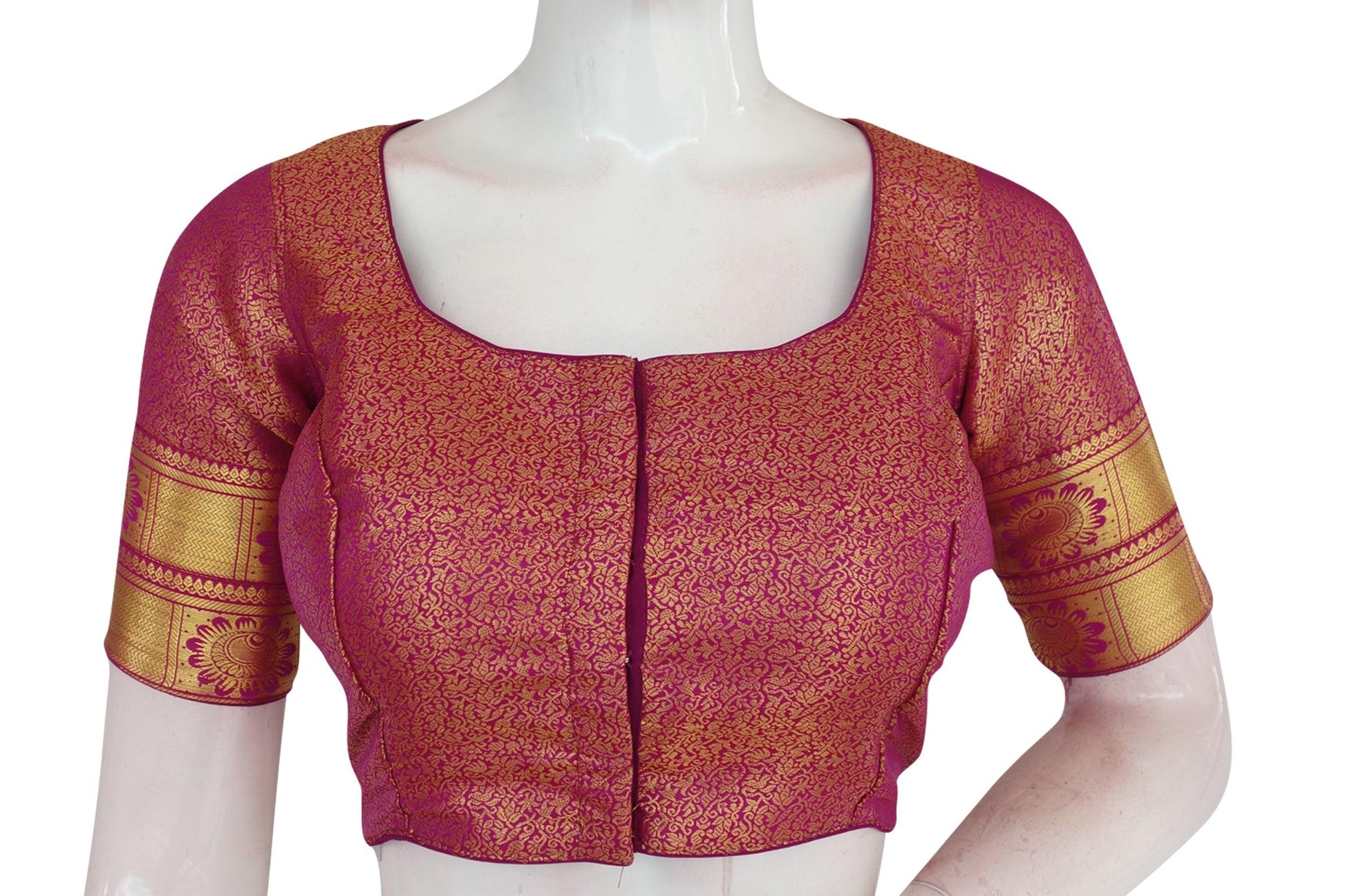 Magenta Color Brocade Silk Readymade Saree Blouse With Border Sleeves