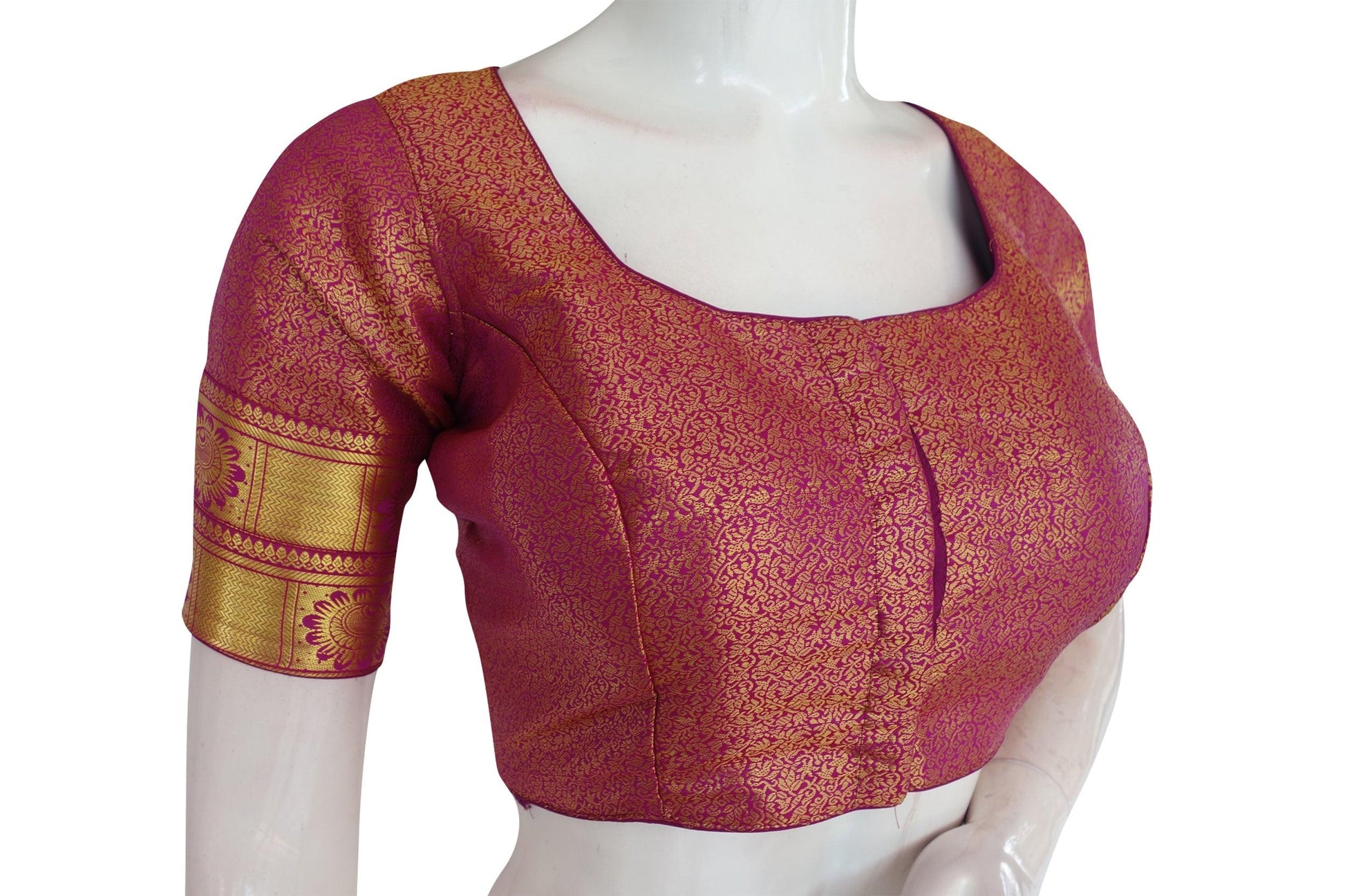 Magenta Color Brocade Silk Readymade Saree Blouse With Border Sleeves