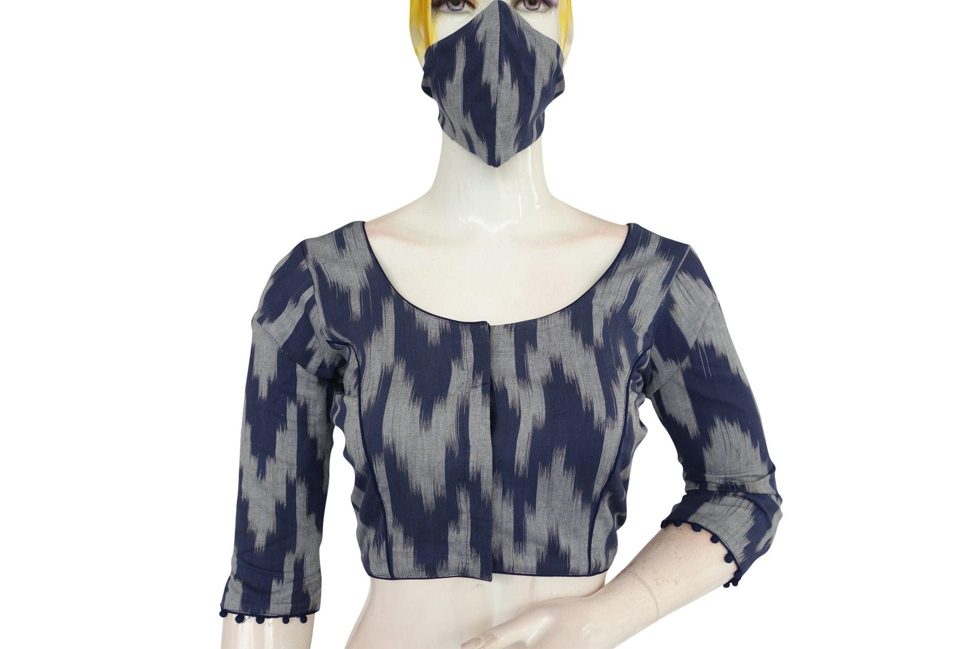 Navy Blue Color 3/4th Ikkat Readymade Saree Blouse