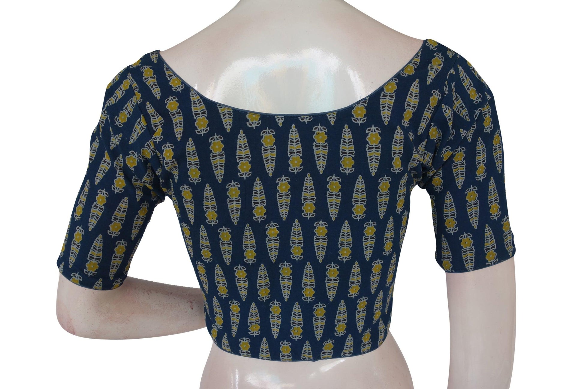 Navy Blue Color Ajrakh Cotton Readymade Boat Neck Blouse