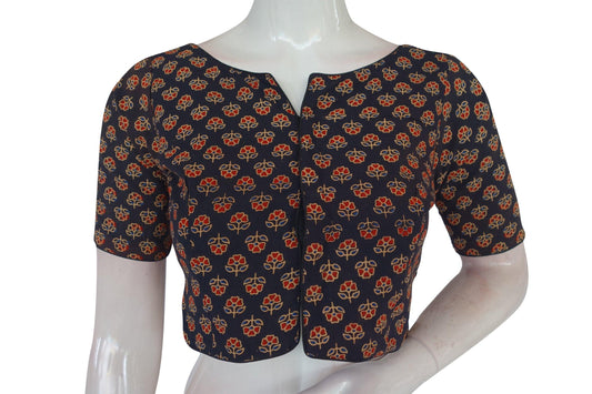 Black Color Ajrakh Cotton Readymade Boat Neck Blouse