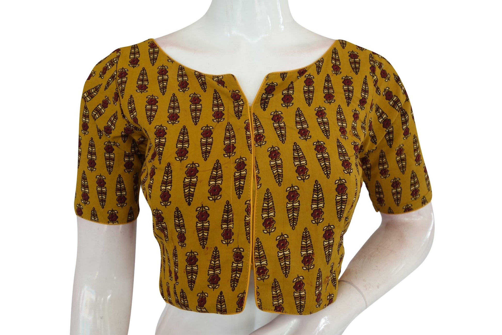 Mustard Yellow Color Ajrakh Cotton Readymade Boat Neck Blouse