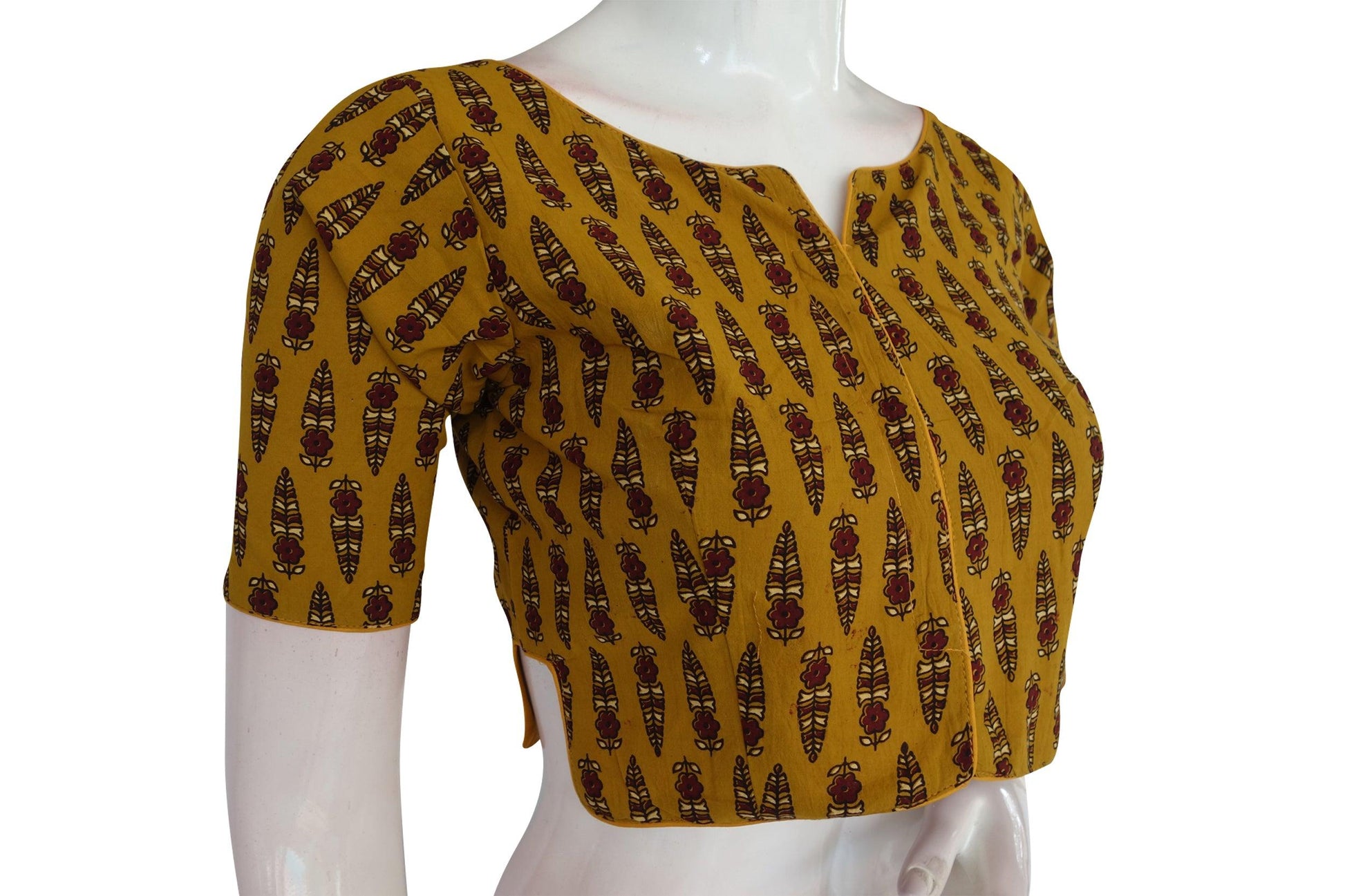 Mustard Yellow Color Ajrakh Cotton Readymade Boat Neck Blouse
