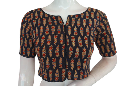 Black Color Ajrakh Cotton Readymade Boat Neck Blouse