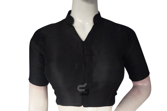 Black Color Semi Silk Plain Collar Neck Readymade Blouse