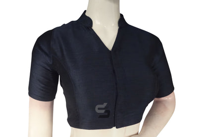 Navy Blue Color Semi Silk Plain Collar Neck Readymade Blouse