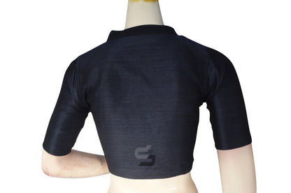 Navy Blue Color Semi Silk Plain Collar Neck Readymade Blouse