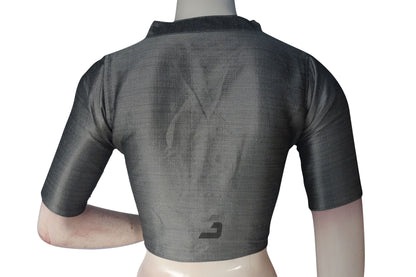 Grey Color Semi Silk Plain Collar Neck Readymade Blouse