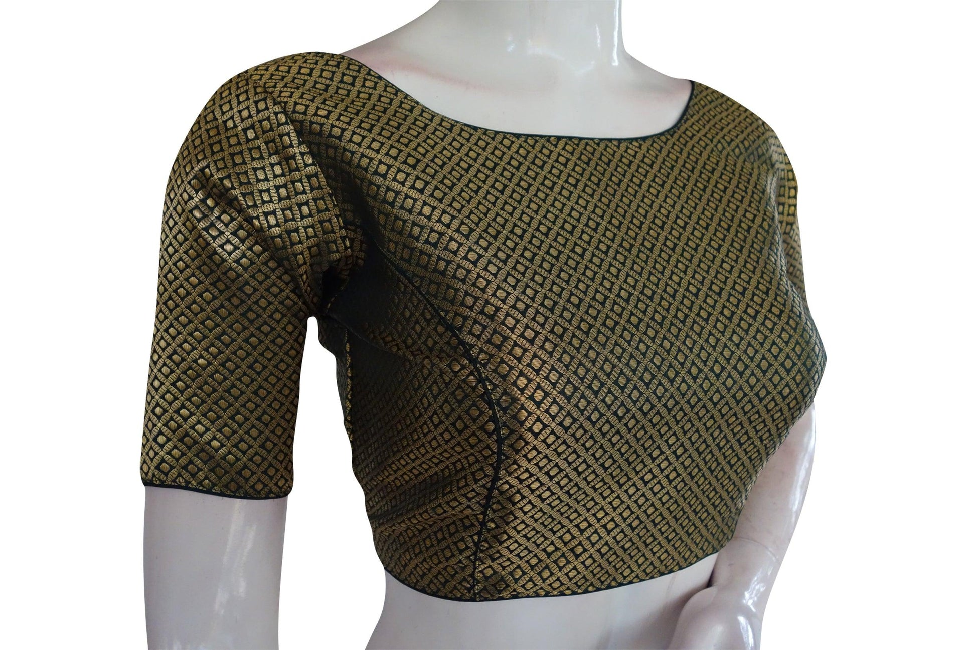 Dark Green Color Banaras Brocade Boat Neck Readymade Saree Blouse