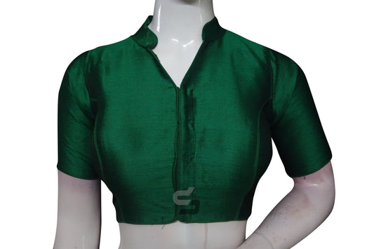 Green Color Semi Silk Plain Collar Neck Readymade Blouse