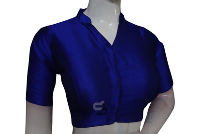 Blue Color Semi Silk Plain Collar Neck Readymade Blouse