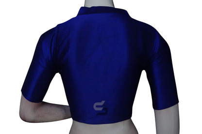Blue Color Semi Silk Plain Collar Neck Readymade Blouse