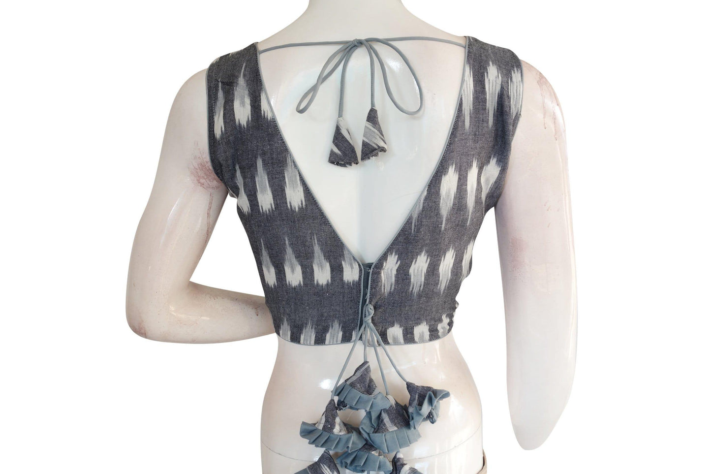 grey color ikkat v neck designer readymade blouse with tassels
