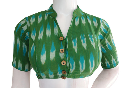Elevate your style quotient with our Green Color Ikkat Collar Designer Readymade Blouse. Crafted for chic and trendy appeal, this blouse adds a touch of sophistication to any outfit. Embrace the essence of contemporary fashion effortlessly.