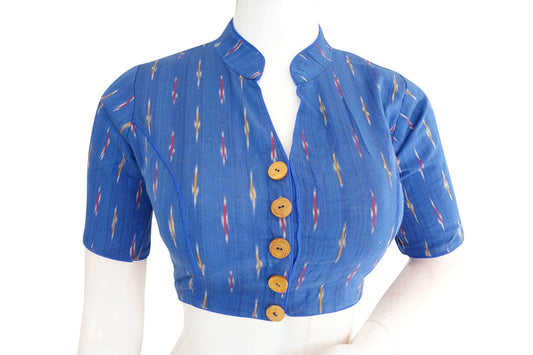 blue color ikkat collar designer readymade blouse 1Step into style effortlessly with our blue Ikkat collar designer blouse. Fashionable and convenient, this ready-to-wear blouse adds a touch of elegance to your ensemble, making it perfect for any occasion.