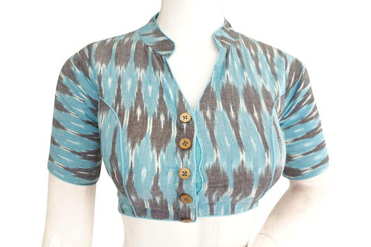 blue color ikkat collar designer readymade blouse 5Step into traditional elegance with our blue Ikkat collar designer blouse. Elevate your ethnic ensemble with this timeless piece showcasing intricate Ikkat patterns and classic collar design.